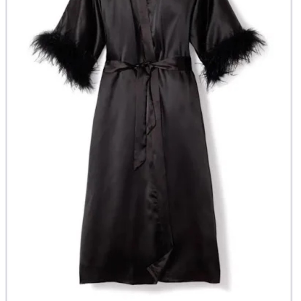 Luxurious Black Silk Robe with Feather Accents